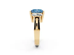 Fancy Blue Radiant Cut Diamond Three-Stone Channel Set Ring Set in Yellow gold with Smooth Polished Band