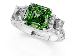 Fancy Green Asscher Cut Diamond Three-Stone Ring Set in White gold with Pavé Band