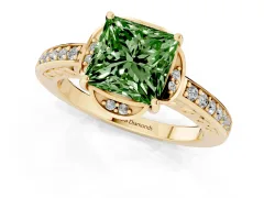 Fancy Green Princess Cut Diamond Halo Ring Set in Yellow gold with Channel Set Band and Prong Setting
