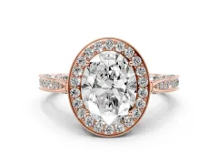 Oval Cut Diamond Halo Engagement Ring Set in Rose gold with Accent Split Shank Band