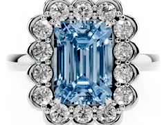 Fancy Blue Emerald Cut Diamond Halo Cluster Engagement Ring Set in Platinum with Solitaire Band and Prong Setting