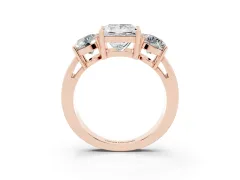 Princess Cut Diamond Three-Stone Ring Set in Rose gold with Round Side Stones and Classic Band