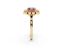 Fancy Pink Asscher Cut Diamond Cluster Halo Ring Set in Yellow gold with Milgrain Bezel Accents and Plain Band