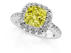 Fancy Yellow Cushion Cut Diamond Pavé Halo Ring Set in White gold with Prong Setting