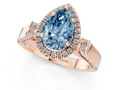 Fancy Blue Pear Cut Diamond Halo Ring Set in Rose gold with Pavé-Lined Split Shank Band
