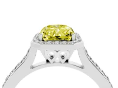 Fancy Yellow Radiant Cut Diamond Halo Engagement Ring Set in White gold with Round Pavé Shoulders and Heart Gallery