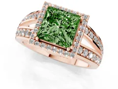Fancy Green Princess Cut Diamond Halo Ring Set in Rose gold with Double Pavé Split Shank