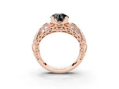 Fancy Black Round Cut Diamond Art Deco Ring Set in Rose gold with Pavé Split Shank