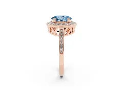 Fancy Blue Oval Cut Diamond Halo Ring Set in Rose gold with Accent-Lined Split Shank and Prong Setting