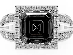 Fancy Black Asscher Cut Diamond Halo Ring Set in Platinum with Double Pavé Split Shank