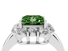 Fancy Green Princess Cut Diamond Milgrain Halo Solitaire Ring Set in White gold with Bezel Set Side Stones and Pavé Band