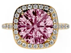 Fancy Pink Round Cut Diamond Halo Engagement Ring Set in Yellow gold with Round Pavé Shoulders and Heart Gallery