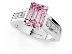 Fancy Pink Emerald Cut Diamond Solitaire Ring Set in Silver with Channel-Set Accent Stones and Prong Setting