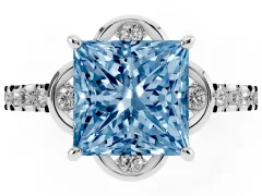 Fancy Blue Princess Cut Diamond Solitaire Ring Set in White gold with Pavé Band and Floral Prong Setting