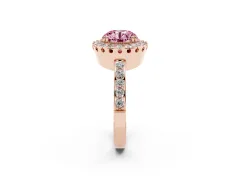 Fancy Pink Round Cut Diamond Halo Ring Set in Rose gold with Pavé Shank and Prong Setting
