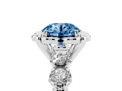 Fancy Blue Round Cut Diamond Floral Halo Ring Set in White gold with Shared Prong Band