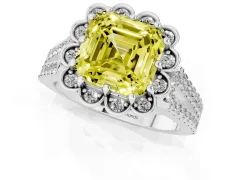Fancy Yellow Asscher Cut Diamond Floral Halo Split Shank Engagement Ring Set in Silver with Pavé Shank