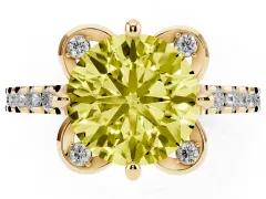 Fancy Yellow Round Cut Diamond Solitaire Ring Set in Yellow gold with Pavé Band and Floral Prong Setting