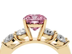 Fancy Pink Cushion Cut Diamond Five-Stone Prong Set Ring Set in Yellow gold with Classic Band