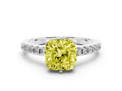 Fancy Yellow Cushion Cut Diamond Solitaire Engagement Ring Set in Silver with Pavé Band and Prong Setting