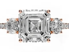 Asscher Cut Diamond Three-Stone Ring Set in Rose gold with Pavé Band and Graduated Sides