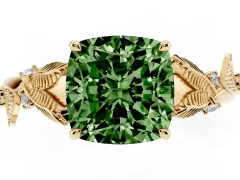 Fancy Green Cushion Cut Diamond Solitaire Ring Set in Yellow gold with Leaf Motif Band