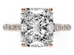 Radiant Cut Diamond Solitaire Engagement Ring Set in Rose gold with Round Pavé Band and Prong Setting