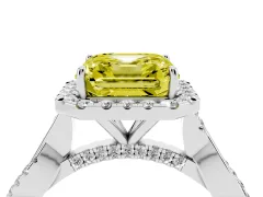 Fancy Yellow Asscher Cut Diamond Halo Twist Band Solitaire Ring Set in Silver with Prong Setting