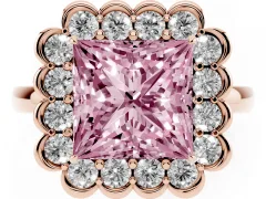 Fancy Pink Princess Cut Diamond Halo Cluster Engagement Ring Set in Rose gold with Solitaire Band and Prong Setting