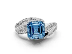 Fancy Blue Asscher Cut Diamond Solitaire Ring Set in White gold with Layered Twist Pavé Band