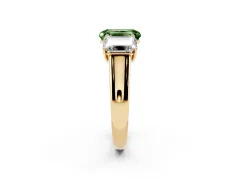 Fancy Green Emerald Cut Diamond Three-Stone Ring Set in Yellow gold with Plain Polished Band