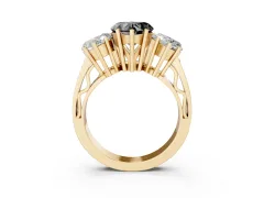 Fancy Black Heart Cut Diamond Three-Stone Ring Set in Yellow gold with Textured Band