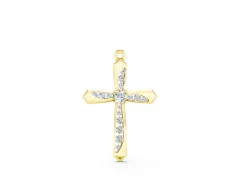 Cross Pendant Set in Yellow gold with Prong-Set Round Cut Stones and Center Stone