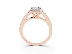 Cushion Cut Diamond Halo Split Shank Pavé Ring Set in Rose gold with Prong Setting