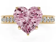 Fancy Pink Heart Cut Diamond Solitaire Ring Set in Yellow gold with Milgrain-Edged Pavé Band and Prong Setting
