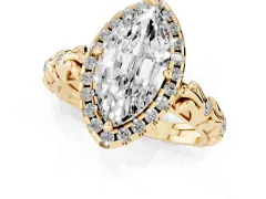 Marquise Cut Diamond Halo Ring Set in Yellow gold with Filigree Leaf Band and Prong Setting