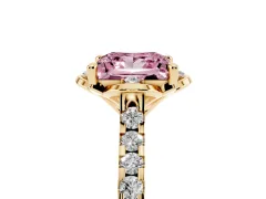 Fancy Pink Princess Cut Diamond Solitaire Ring Set in Yellow gold with Pavé Band and Floral Prong Setting