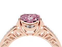 Fancy Pink Princess Cut Diamond Halo Ring Set in Rose gold with Channel Set Band and Prong Setting