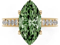 Fancy Green Marquise Cut Diamond Solitaire Ring Set in Yellow gold with Milgrain-Edged Pavé Band and Prong Setting