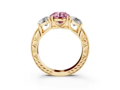 Fancy Pink Round Cut Diamond Three-Stone Engagement Ring Set in Yellow gold with Milgrain Pavé Band