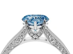 Fancy Blue Heart Cut Diamond Solitaire Ring Set in Silver with Milgrain-Edged Pavé Band and Prong Setting