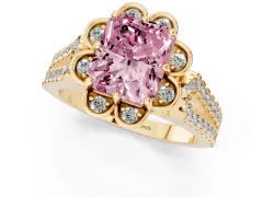 Fancy Pink Radiant Cut Diamond Floral Halo Split Shank Engagement Ring Set in Yellow gold with Pavé Shank