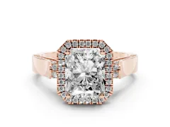 Radiant Cut Diamond Halo Ring Set in Rose gold with Pavé-Lined Split Shank Band