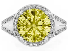 Fancy Yellow Round Cut Diamond Halo Split Shank Ring Set in Platinum with Accent Stones and Prong Setting