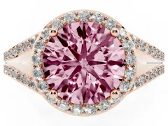 Fancy Pink Round Cut Diamond Halo Split Shank Ring Set in Rose gold with Accent Stones and Prong Setting