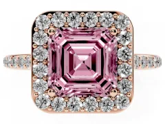 Fancy Pink Asscher Cut Diamond Halo Engagement Ring Set in Rose gold with Round Pavé Shoulders and Heart Gallery