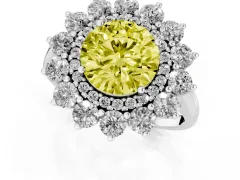 Fancy Yellow Round Cut Diamond Floral Double Halo Ring Set in White gold with Round Petals