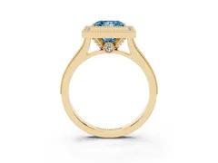 Fancy Blue Princess Cut Diamond Halo Milgrain Pavé Band Ring Set in Yellow gold with Prong Setting