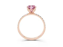 Fancy Pink Cushion Cut Diamond Solitaire Engagement Ring Set in Rose gold with Round Pavé Band and Prong Setting