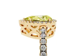 Fancy Yellow Pear Cut Diamond Halo Ring Set in Yellow gold with Pavé Shoulders and Halo-Framed Center